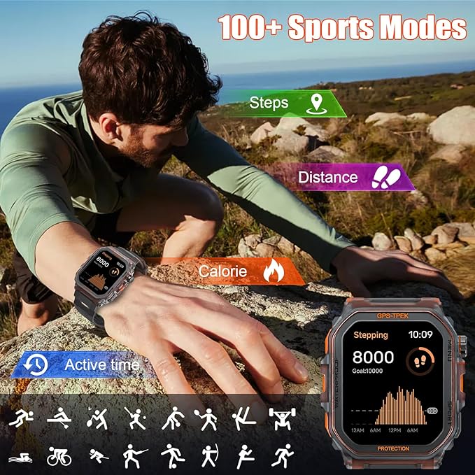 Military Smart Watches Built-in GPS, 100+ Sport Modes for Men with, Smartwatch for Android Phones and iPhone, 1.75" HD Screen Bluetooth Call 24/7 Heart Rate/Sleep/Stress