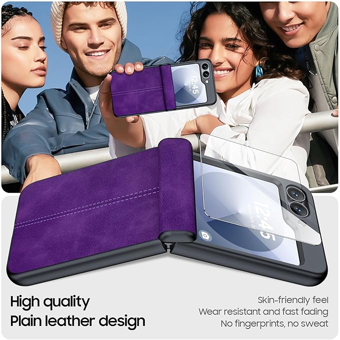 for Samsung Galaxy Z Flip 6 Case/Z Flip 7 FE Case with Hinge Protection & Built-in Screen Protector, Ultra Thin Leather Shockproof Cover Phone Case for Galaxy Z Flip 6/Z Flip 7 FE-Purple