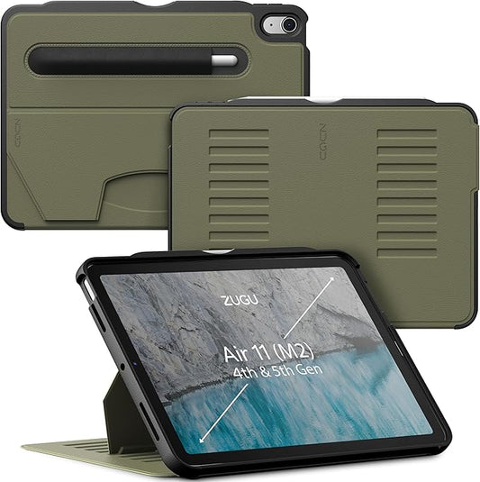 ZUGU CASE for iPad Air 11 (M3 2025 / M2 2024) iPad Air 4 & 5 10.9 Inch (2020/2022) - Protective, Ultra Thin, Magnetic Stand, Sleep/Wake Cover with Apple Pencil Charging & Storage - Olive Green