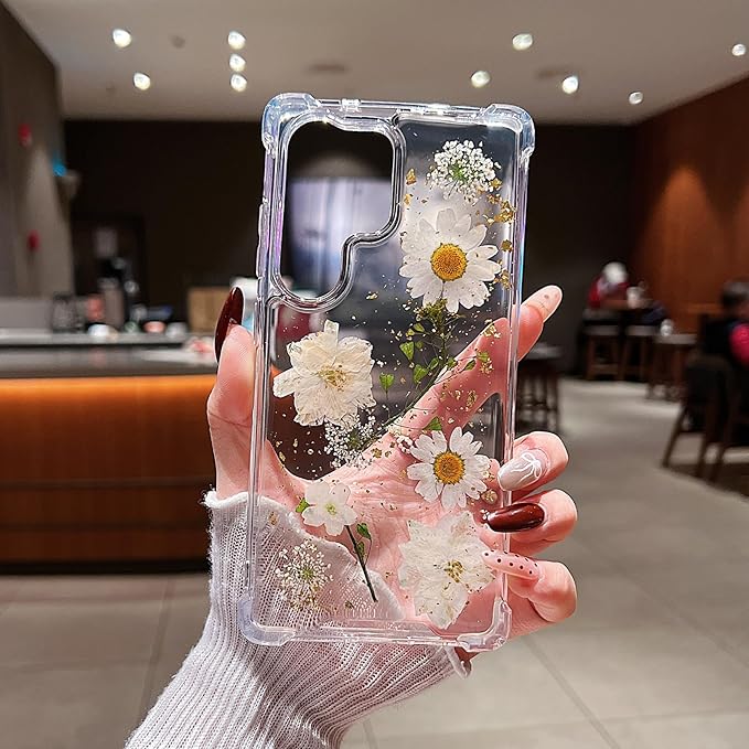Compatible with Samsung Galaxy S25 Ultra Case Cute Pressed Dried Real Flowers Design Women Girly Shockproof Glitter Floral Clear Phone Cover for Galaxy S25 Ultra (White Flower)