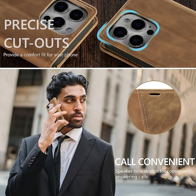 QLTYPRI for iPhone 16 Pro Case Wallet with Card Holder, Vintage PU Leather Kickstand Magnetic Closure Shockproof Folio Book Cover Case for iPhone 16 Pro - Retro Brown