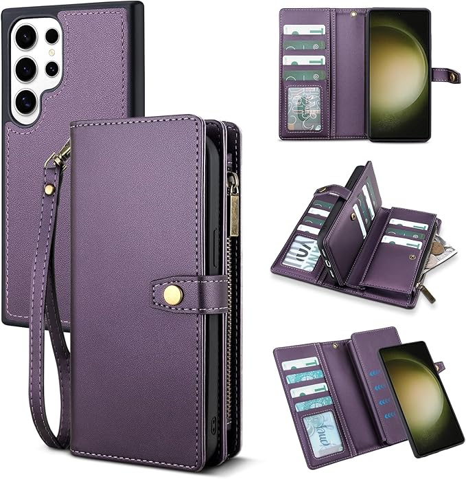 TwoHead for Samsung Galaxy S23 Ultra Wallet Case with Card Holder & Detachable Magnetic Phone Case for Galaxy S23 Ultra,PU Leather Shockproof Protective Phone Cover Wallet(6.8 in,Deep Purple)