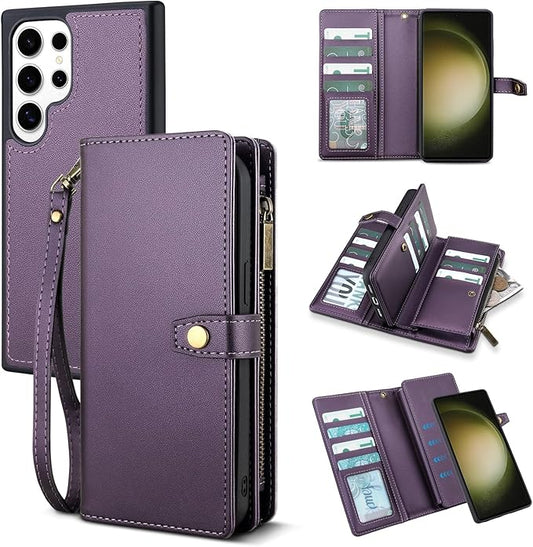 TwoHead for Samsung Galaxy S23 Ultra Wallet Case with Card Holder & Detachable Magnetic Phone Case for Galaxy S23 Ultra,PU Leather Shockproof Protective Phone Cover Wallet(6.8 in,Deep Purple)