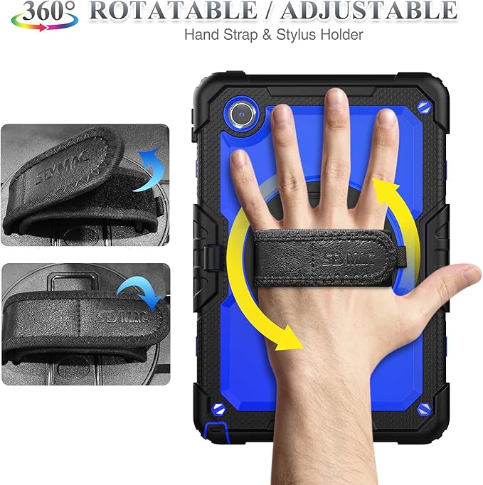SEYMAC stock Tablet Case for Lenovo Tab M11 (TB-330FU/TB-330XU) 11 inch Drop-Proof Protection Cover with 360° Rotate Stand & Strap [Pen Holder] & Screen Protector/K11/Xiaoxin Pad 2024, Blue+Black