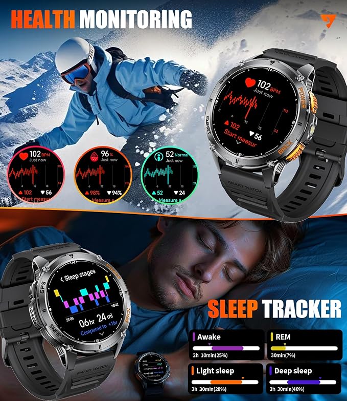 GPS Smart Watch for Men with LED Flashlight, 530mAh Extra Large Battery, 1.43'' AMOLED Military Smartwatch Answer/Make Call with Heart Rate SpO2 Sleep Monitor for Android iOS Brown