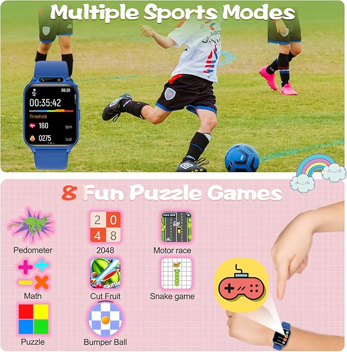 1.85" Kids Watch, AI(Translation/Q&A/Watch Face/Image Recognition)Smartwatches with Heart Rate,Sleep Monitor,Video Music Pedometer,NO APP/Phone, Gifts for 3-12 Years old Boys Girls(Built-in AI, Blue)