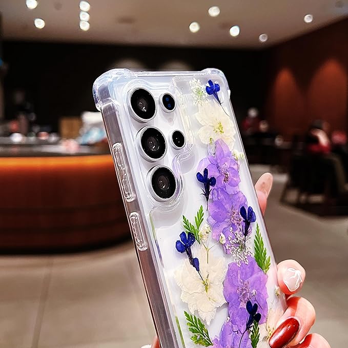 Compatible with Samsung Galaxy S25 Ultra Case Cute Pressed Dried Real Flowers Design Women Girly Shockproof Soft TPU Floral Clear Phone Cover for Galaxy S25 Ultra (Purple Flower)