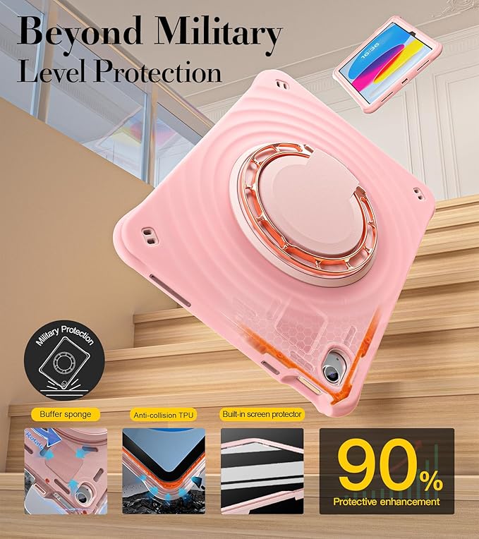 BRAECN Ripple Case for iPad (A16)11th/10th Generation 11/10.9 inch 2025/2022 Zinc Alloy Handle Ring Stand Protective Heavy Duty Screen Protector 360°Rotating 180°Folding Shoulder Strap Full-Body Cover