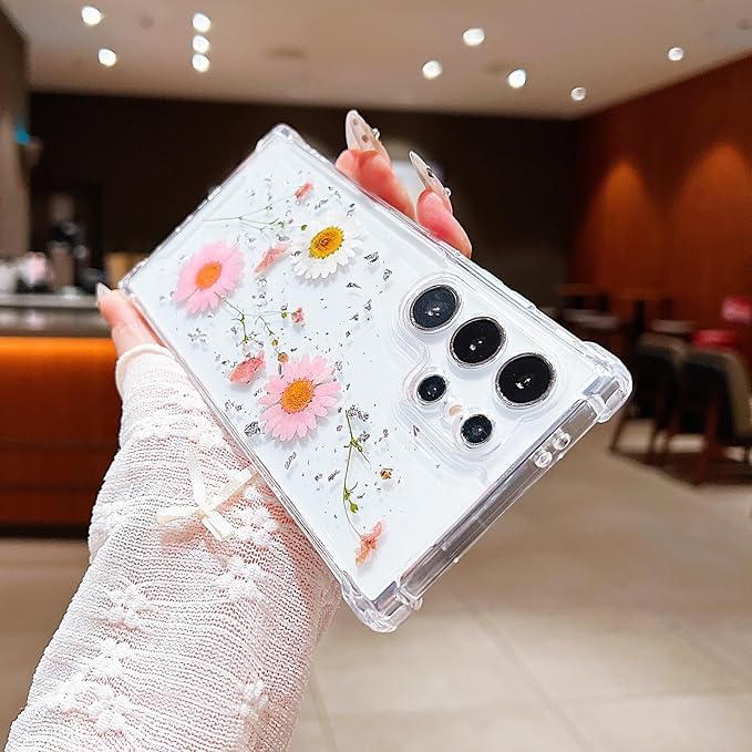 Compatible with Samsung Galaxy S24 Ultra Case Cute Pressed Dried Real Flowers Design Women Girly Shockproof Glitter Floral Clear Phone Cover for Galaxy S24 Ultra (Pink Flower)