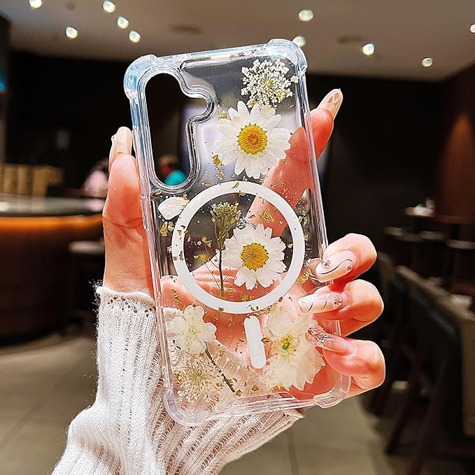 Compatible with Samsung Galaxy S23 Plus Case,Compatible with MagSafe,Cute Pressed Dried Flowers Design Women Girly Shockproof Floral Clear Magnetic Case for Galaxy S23 Plus (White)