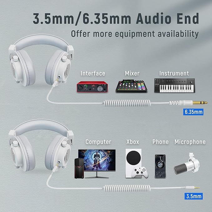 FIFINE Studio Monitor Headphones, Wired Over-Ear Computer Headphones with 3.5mm to 6.35mm Jack for Mixer/Amplifier/PC, Closed-Back Headset with Flexible Headband for Music Vocal Recording-H8 White