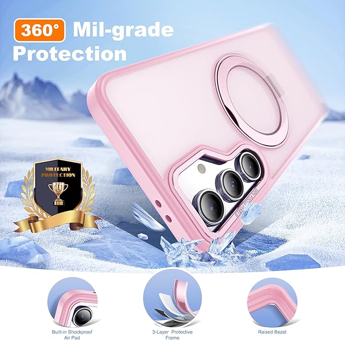 for Samsung Galaxy S23 FE Case with 360° Rotatable Magnetic Ring Stand Compatible with Mag-Safe Military Protection Shockproof Matte Translucent Phone Cases for S23 FE,Pink