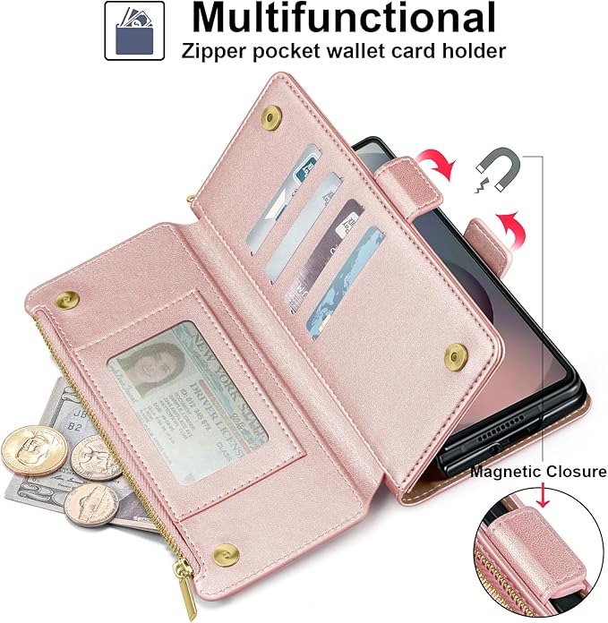 Antsturdy Compatible with Samsung Galaxy Z Fold7 Case Wallet with Card Holder,Z Fold 7 5G Phone Case with Strap Shockproof PU Leather RFID Blocking Flip Cover Credit Card Slots Women Men,Rose Gold