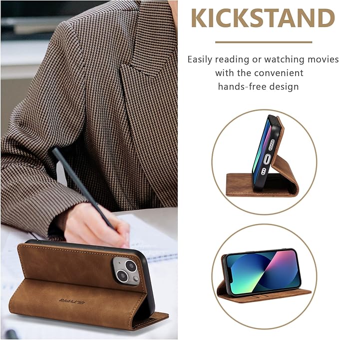 QLTYPRI Case for iPhone 14, Vintage PU Leather Wallet Case Card Slot Kickstand Magnetic Closure Shockproof Flip Folio Book Case Cover for iPhone 14(6.1 inch) - Retro Brown