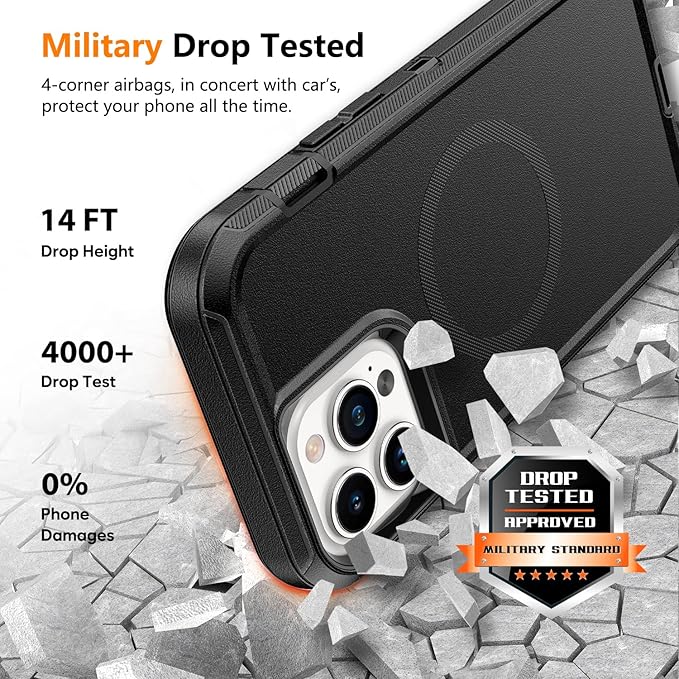 for iPhone 13 Pro Max & 12 Pro Max Case with Belt Clip Holster, Anti-Shock, Anti-Slip, Compatible with MagSafe, 3-Layer Drop Protection, Heavy Duty Magnetic Phone Case Cover, 6.7", Black