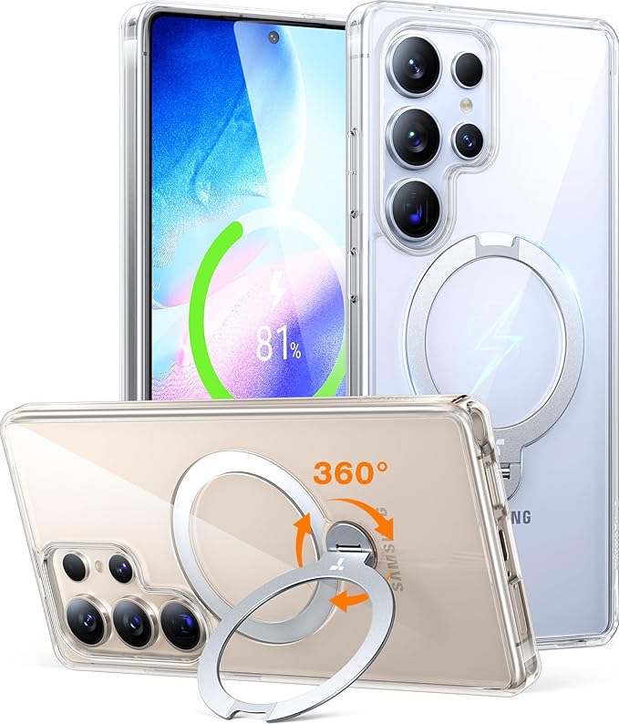TORRAS 360° Spin Magnetic Stand for Samsung Galaxy S25 Ultra Case, Fit for Magsafe, Military Grade Slim Hard PC Protective S25 Ultra Clear Case with Kickstand & Ring Holder, Ostand Spin, Clear