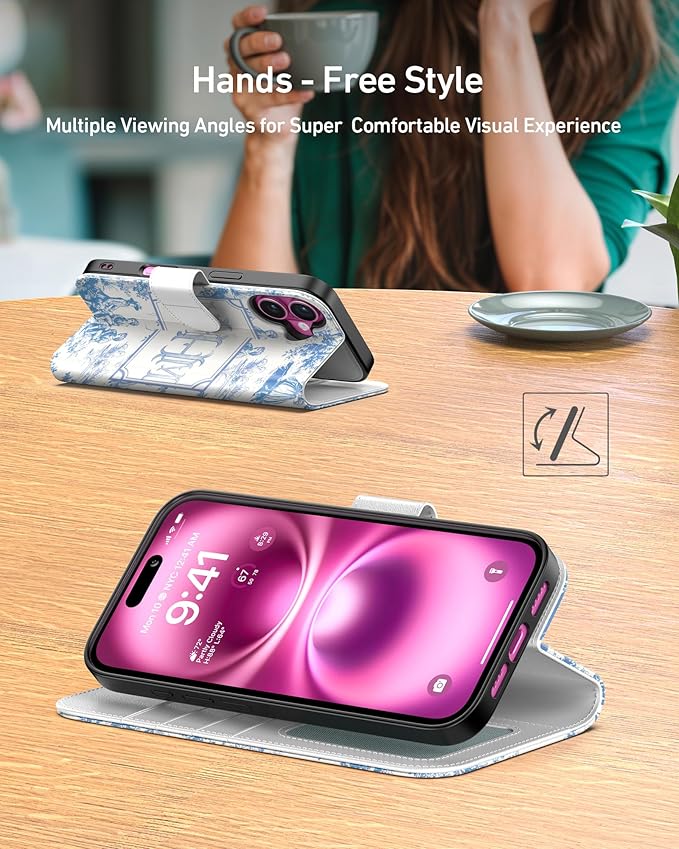 DEENAKIN for iPhone 16 Plus Wallet Case with Card Holder + Cash Clip, RFID-Blocking, Military-Grade Drop Protection, Magnetic Closure with Leather Kickstand - Heritage Artistry