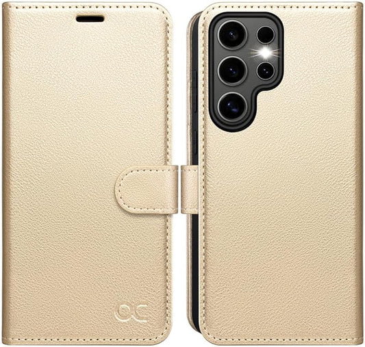 OCASE Compatible with Galaxy S25 Ultra Wallet Case, PU Leather Flip Folio Case with Card Holders RFID Blocking Kickstand [Shockproof TPU Inner Shell] Protective Phone Cover 2025, Gold