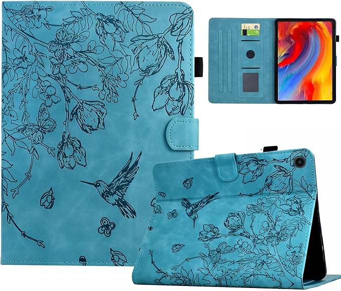 KEROM Case for Samsung Galaxy Tab A9+ Plus 11 Inch 2024 2023 (SM-X210/X216/X218), Embossed Suede Leather Folio Stand Cover with Auto Wake/Sleep & Card Slot & Pen Holder - Blue Bird Flower Embossing