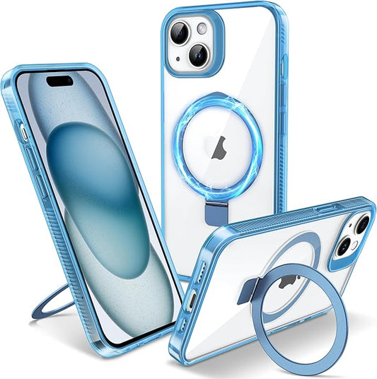 Magnetic Case for iPhone 15 Plus - [Built-in Invisible Stand] [Compatible with MagSafe] [Military Grade Drop Protection] Anti-Yellowing Hard Back Silicone Edge Cover, 6.7", Clear Blue