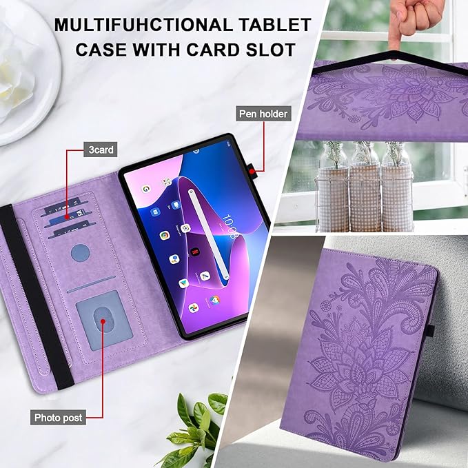 Case for Lenovo Tab M10 Plus 3rd Gen 10.6 Inch 2022 (TB125FU/128FU), Embossed Lace PU Leather Flip Folio Tablet Case with Elastic Band & Card Slots/Holder, Multi-Angle Viewing Stand Cover, Purple