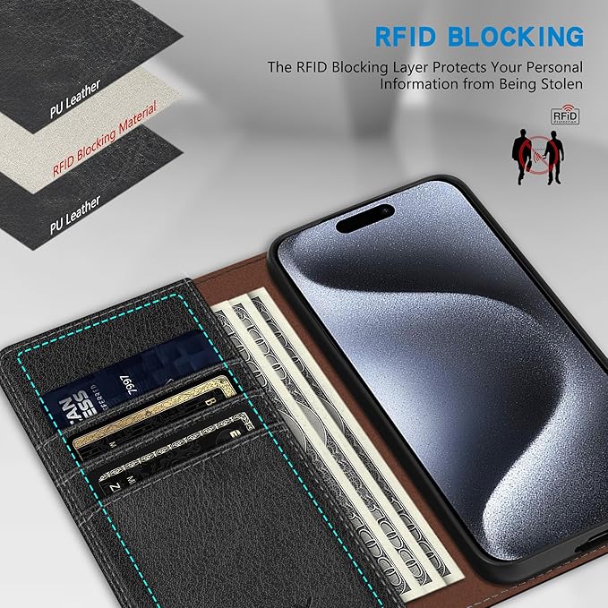 ZZXX for iPhone 15 Pro Wallet Case with [RFID Blocking] Card Slot Stand Strong Magnetic Leather Flip Fold Protective Phone Case for iPhone 15 Pro Case Wallet(Black-6.1 inch)