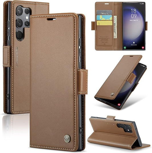 AUPAI for Samsung Galaxy S23 Ultra Wallet Case with Credit Card Holder, PU Leather RFID Blocking Folio Flip Kickstand Magnetic Clasp Protective Phone Cover for Women Men Brown