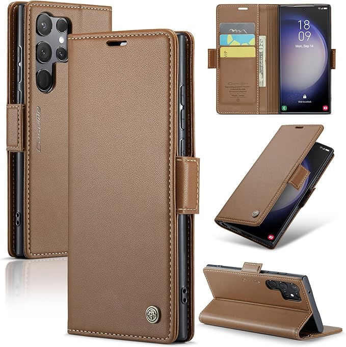 Case for Samsung Galaxy S23 Ultra Wallet Case, RFID Blocking PU Leather Flip Folio Cover Card Holder Kickstand Shockproof Phone Case Compatible with Samsung Galaxy S23 Ultra, Brown