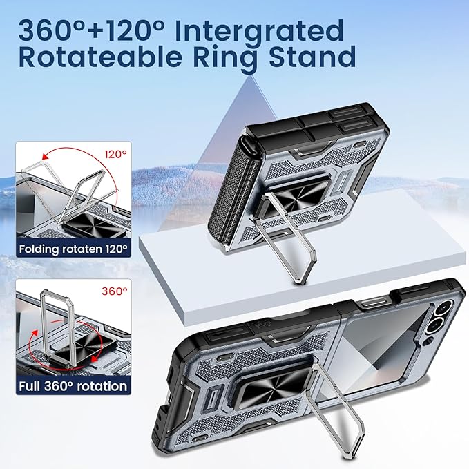 VEGO for Z Flip 6 Case, Samsung Galaxy Flip 6 Case with 360° Rotatable Ring Kickstand & Belt Clip Holster & 9H HD Tempered Glass Camera Screen Protector & Hinge Protection, Shockproof Case - Grey