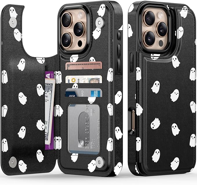 FUNMIKO for iPhone 16 Pro Max Wallet Case with Card Holder, RFID-Blocking, Military-Grade Protection & UV-Printed Artwork, Magnetic Closure with Leather Kickstand - Cute Ghost