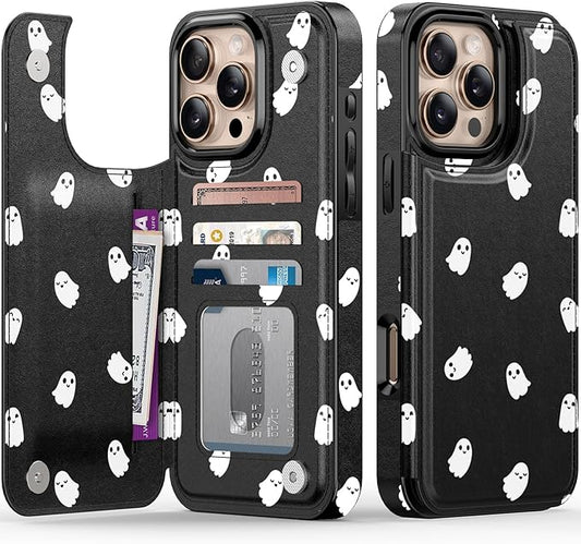 FUNMIKO for iPhone 16 Pro Max Wallet Case with Card Holder, RFID-Blocking, Military-Grade Protection & UV-Printed Artwork, Magnetic Closure with Leather Kickstand - Cute Ghost