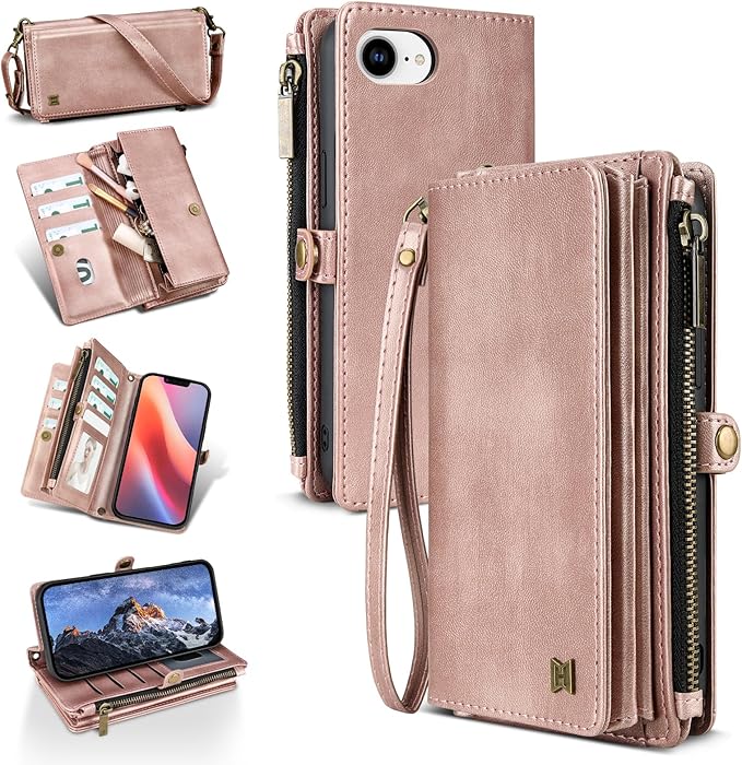 for iPhone 16e Wallet Phone Case with 7 Card Holder,RFID Blocking | PU Leather | Kickstand | Flip | Wrist Strap&Shoulder Strap | Shockproof | Zipper Wallet | Women Men | 6.1" | Rose Gold