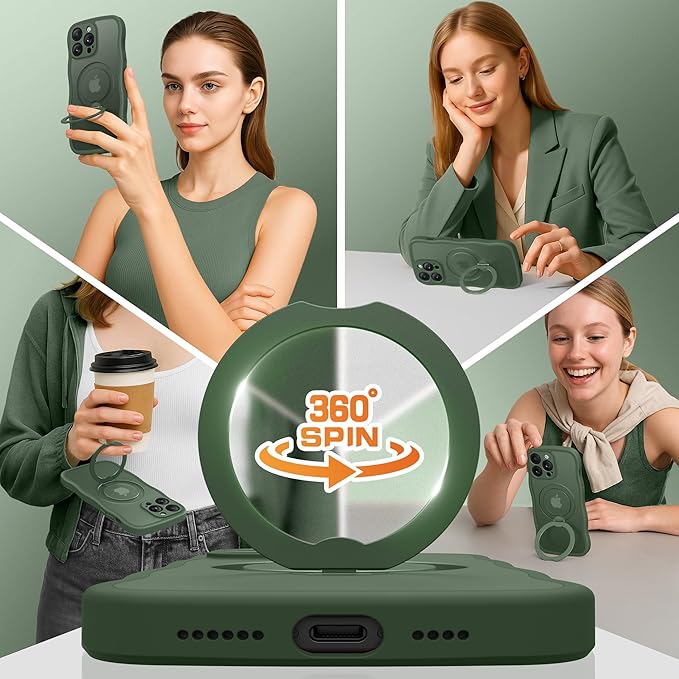 GolbinBox for iPhone 13 Pro Max Case for Women,[Compatible with Magsafe][360° Spin Magnetic Stand][Cute Wave Edge][Military-Grade Protection] Translucent Matte Phone Case for iPhone 13 ProMax, Green