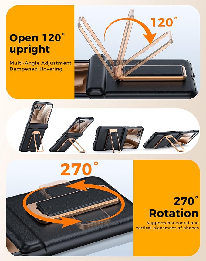 for Motorola Razr+ Plus 2025 Case/Razr+ Plus 2024 Case, Built-in Screen Protector & Hinge Protection & 360° Spin Stand & Hand Strap, Slim Leather Shockproof Phone Case for Razr+ 2025(Black)