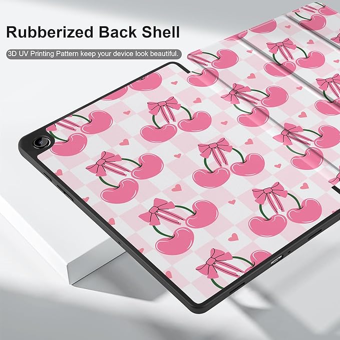 MEEgoodo Case for Samsung Galaxy Tab A9 Plus 11 inch Cover 2024 2023 with S Pen Holder,A9+ Smart Tablet Cases with Leather Trifold Stand+Soft TPU Back Shell+Smart Auto Wake/Sleep,Pink Cherries & Bows
