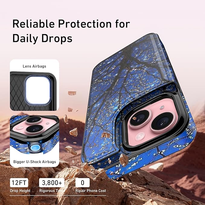 FUNMIKO for iPhone 13 Mini Wallet Case with Card Holder, RFID-Blocking, Military-Grade Protection & UV-Printed Artwork, Magnetic Closure with Leather Kickstand - Dreamy Wishing Tree