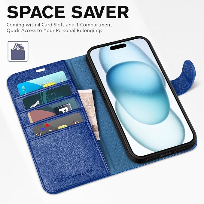 TUCCH Wallet Case for iPhone 15 6.1-inch 5G, [TPU Shockproof Inner Shell] PU Leather [RFID Blocking] 4 Credit Card Holder Magnetic Kickstand Flip Cover Compatible with iPhone 15 6.1" 2023, Klein Blue