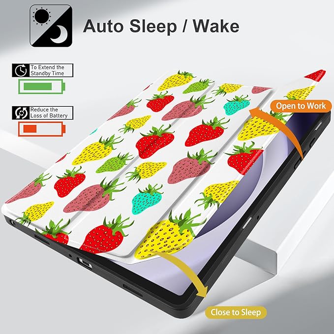 MEEgoodo Case for Samsung Galaxy Tab A9 Plus 11 inch Cover 2024 2023 with S Pen Holder,A9+ Smart Tablet Cases with Leather Trifold Stand+Soft TPU Back Shell+Smart Auto Wake/Sleep,Colorful Strawberries