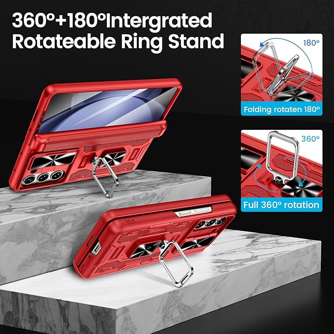 VEGO for Galaxy Z Fold 5 Case with Hinge Protection, Belt Clip Holster & 360°Ring Magnetic Kickstand & Camera Cover & Front Screen Protector Shockproof Cover - Vibrant Red