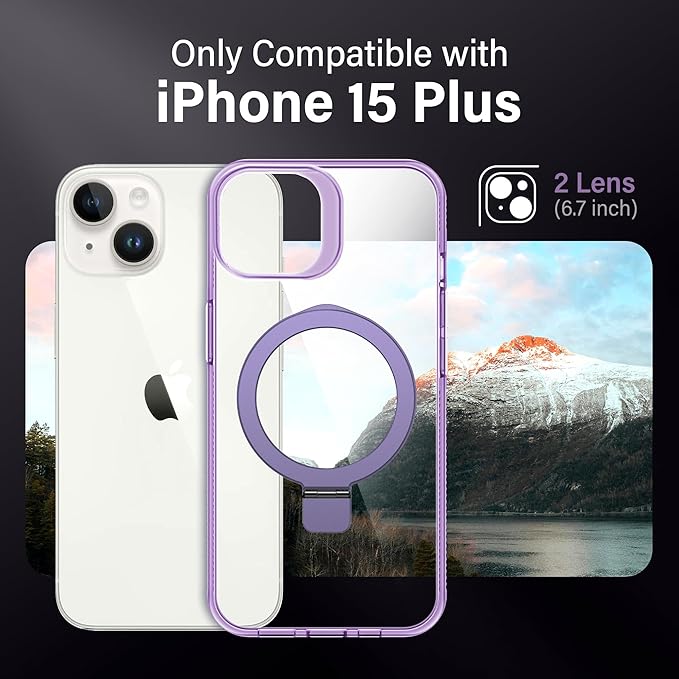 Magnetic Case for iPhone 15 Plus - [Built-in Invisible Stand] [Compatible with MagSafe] [Military Grade Drop Protection] Anti-Yellowing Hard Back Silicone Edge Cover, 6.7", Clear Purple