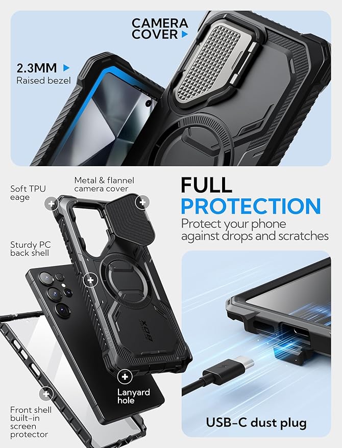 i-Blason Armorbox for Samsung Galaxy S25 Ultra Case MagSafe with Camera Cover Stand [Military Protection] Full-Body Heavy Duty Magnetic Phone Case with Screen Protector for S25 Ultra 6.9 inch, Black