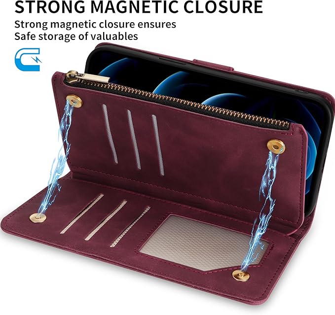 ZZXX for iPhone 12 Pro Max Wallet Case with Card Slot Premium Soft PU Leather Zipper Flip Folio Wallet with Wrist Strap Kickstand Protective for iPhone 12 Pro Max Case Wallet(Wine Red 6.7 inch)