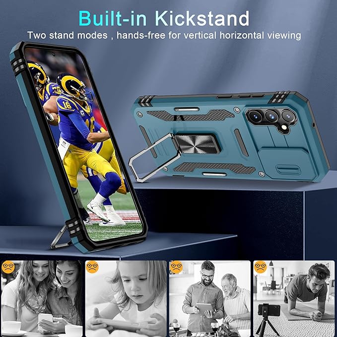 DEERLAMN Case for Samsung Galaxy S23 FE 6.4-Inch with Slide Camera Cover+Screen Protector(1 Pack),Rotated Ring Kickstand Military Grade Shockproof Protective Cover-Light Blue