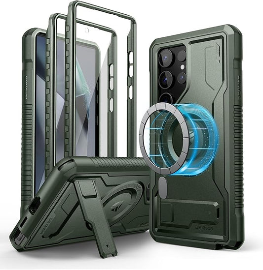 Dexnor Magnetic Case for Samsung Galaxy S24 Ultra Case, Compatible with Magsafe, 2 Front Frames & Built-in Screen Protector, Bumper Rugged Shockproof Full-Body Protective Cover with Kickstand,Green