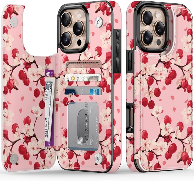 FUNMIKO for iPhone 16 Pro Max Wallet Case with Card Holder, RFID-Blocking, Military-Grade Protection & UV-Printed Artwork, Magnetic Closure with Leather Kickstand - Cherry Blossom