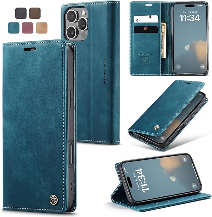 for iPhone 16 Pro Max Case, Flip Wallet Leather Case with Card Holder Magnetic Closure Shockproof Kickstand Protective Phone Cases Cover for iPhone 16 Pro Max, Blue-Green