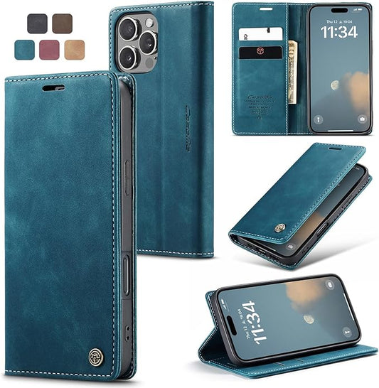 for iPhone 16 Pro Max Case, Flip Wallet Leather Case with Card Holder Magnetic Closure Shockproof Kickstand Protective Phone Cases Cover for iPhone 16 Pro Max, Blue-Green