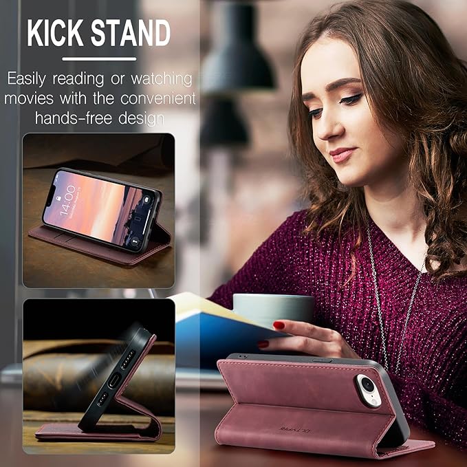 QLTYPRI Case for iPhone 16e, Vintage PU Leather Wallet Case Card Slot Kickstand Magnetic Closure Shockproof Flip Folio Cover for iPhone 16e - Red