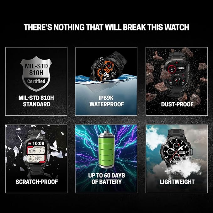 CARBINOX Blaze Smart Watch with GPS (Sport Mode), Rugged Fitness Tracker Waterproof IP69K, Compatible with Android and iOS, 170+ Sports Modes, Gorilla Glass Screen, Make/Receive Calls (Round)