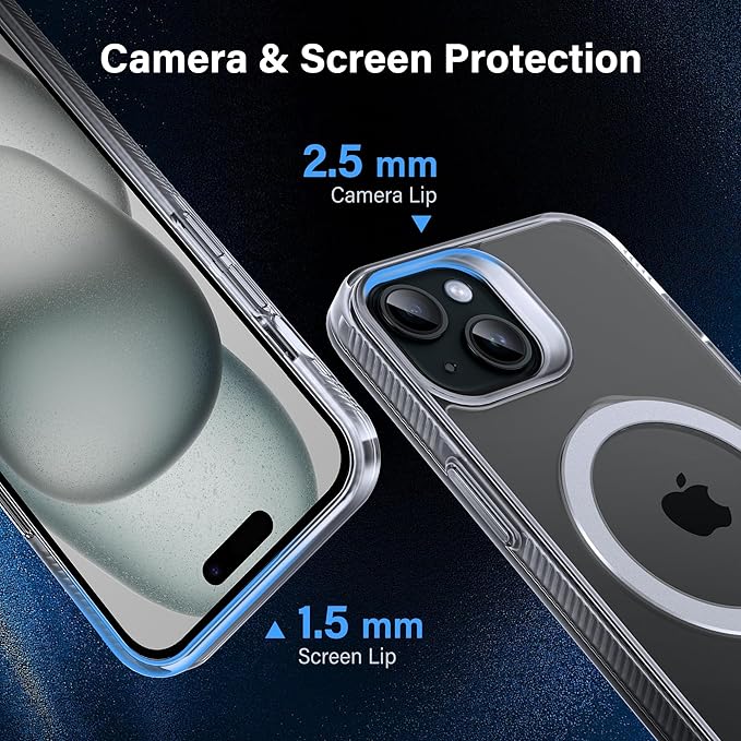 Magnetic Case for iPhone 15 - [Built-in Invisible Stand] [Compatible with MagSafe] [Military Grade Drop Protection] Anti-Yellowing Hard Back Silicone Edge Cover, 6.1", Clear
